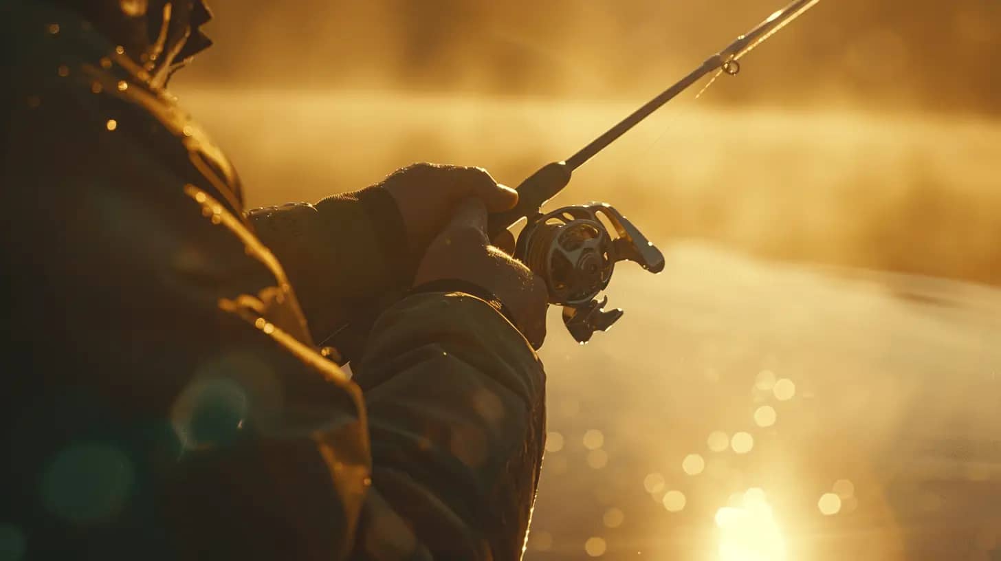 Angler casting a fishing line into the water during early morning