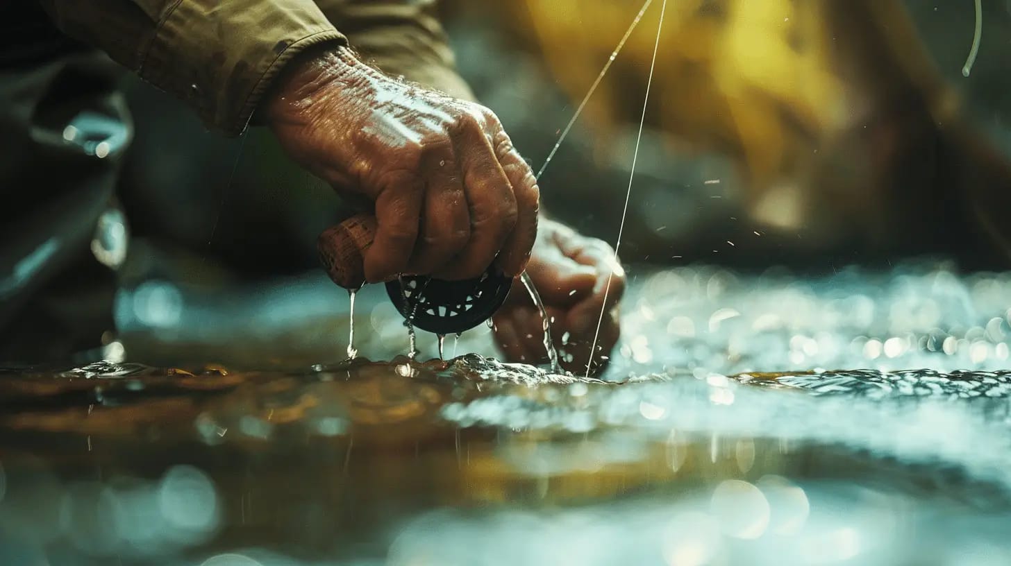 Angler's hands casting a fishing line into the water, capturing the motion of fishing in a natural setting