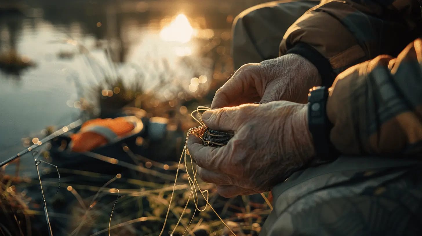 Angler's hands carefully preparing fishing gear