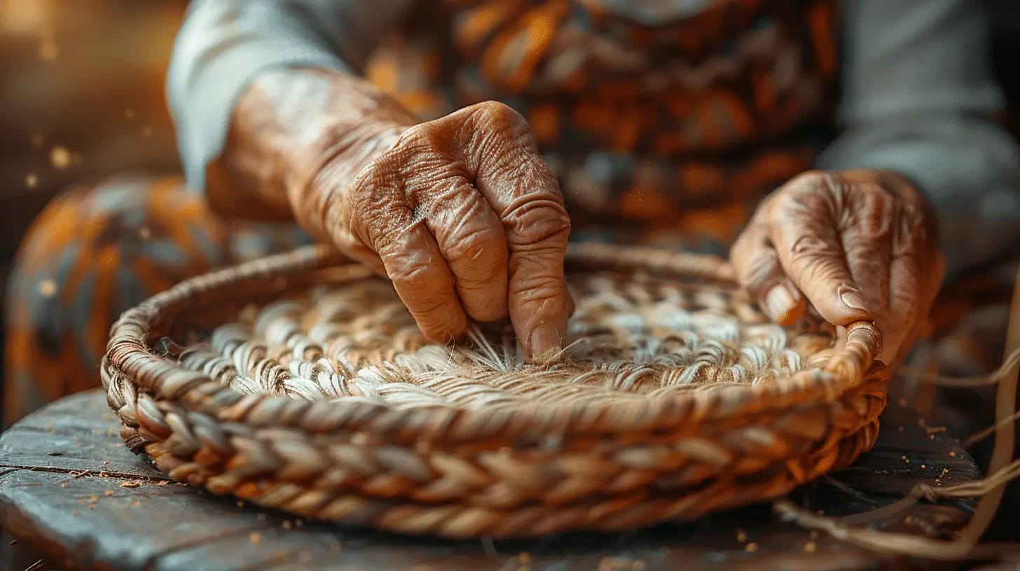 Artisan's hands weaving a traditional basket