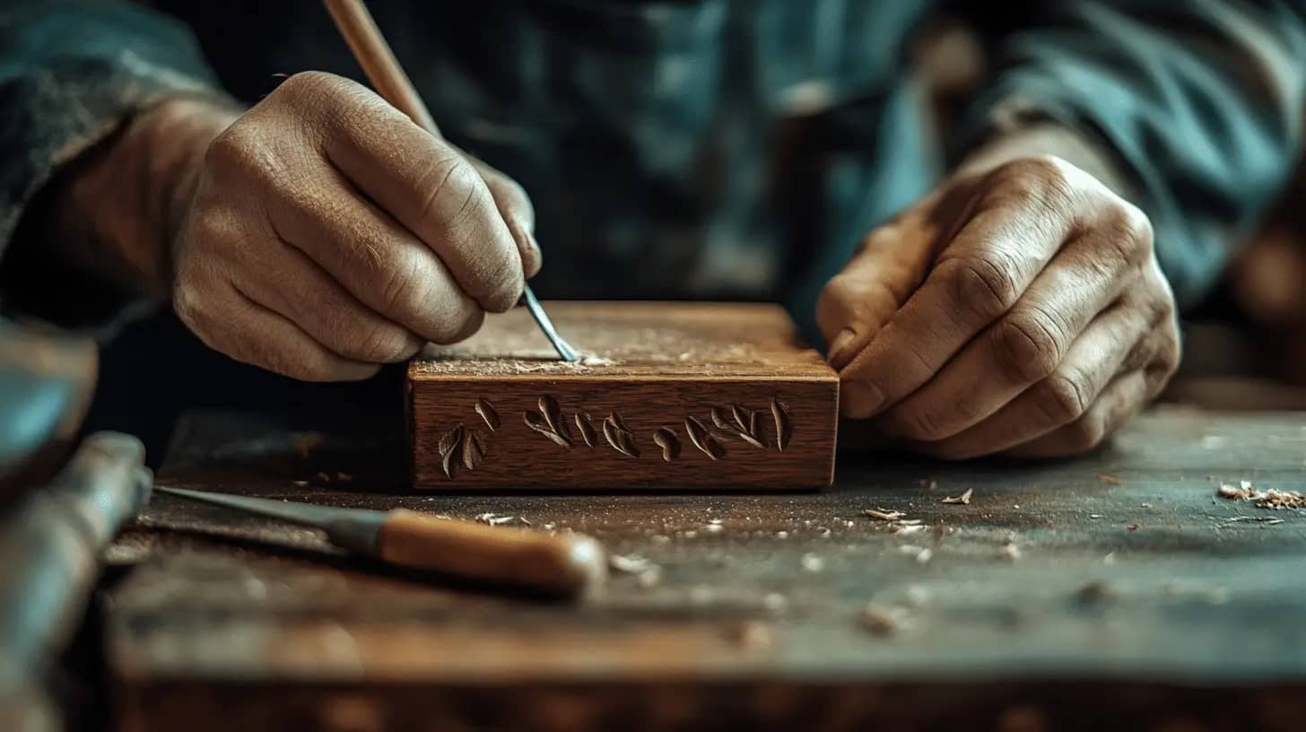 Artisan woodworker carefully shaping a wooden fly box