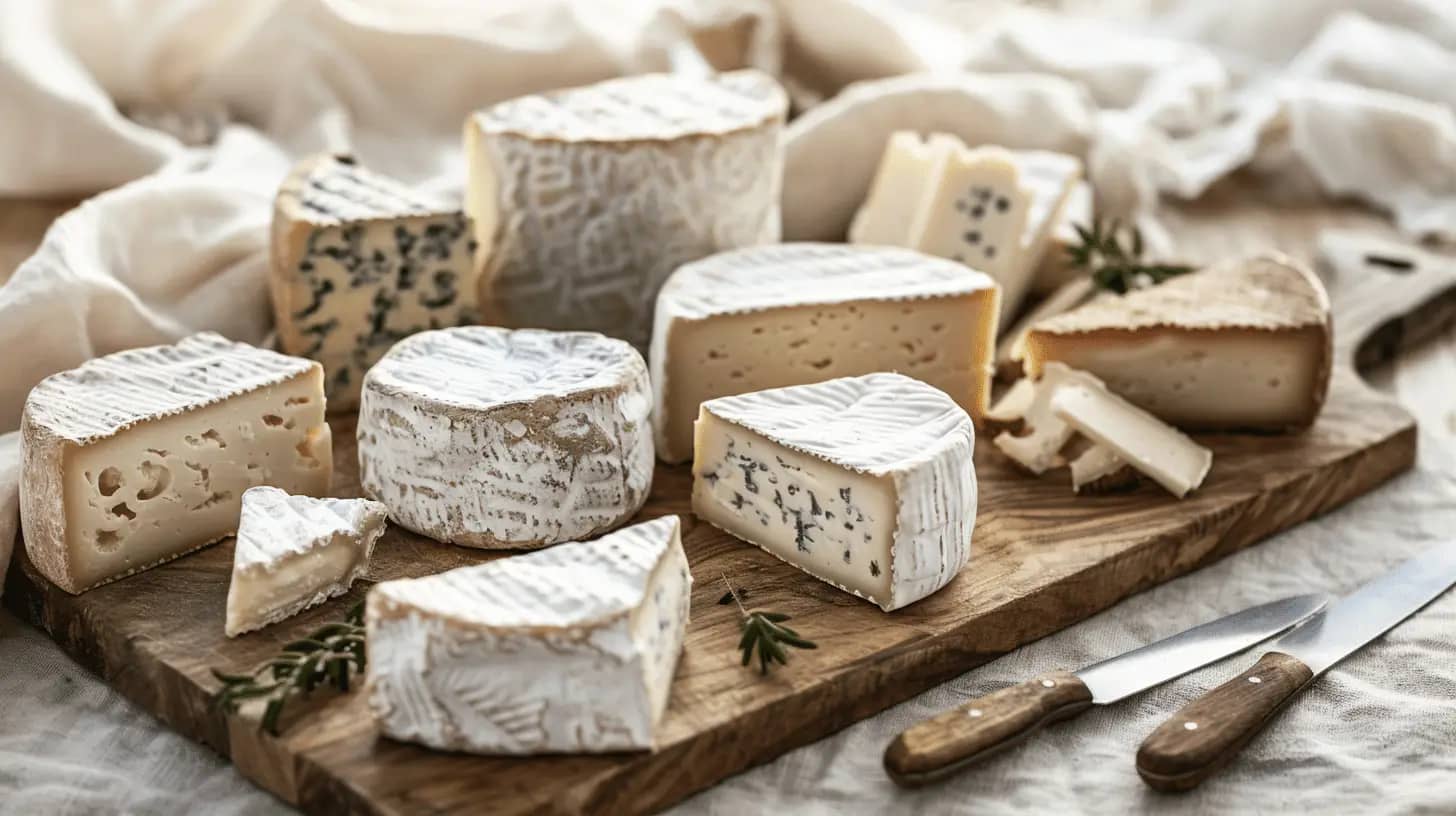 Close-up of artisanal cheeses arranged on a wooden chop board