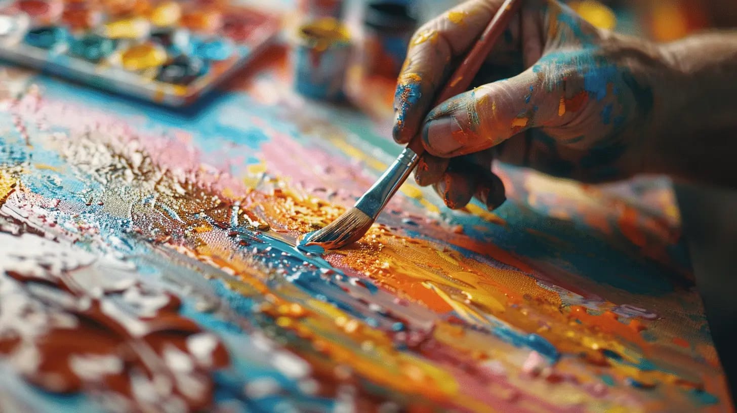 Artist's hand painting a vibrant pattern on a canvas