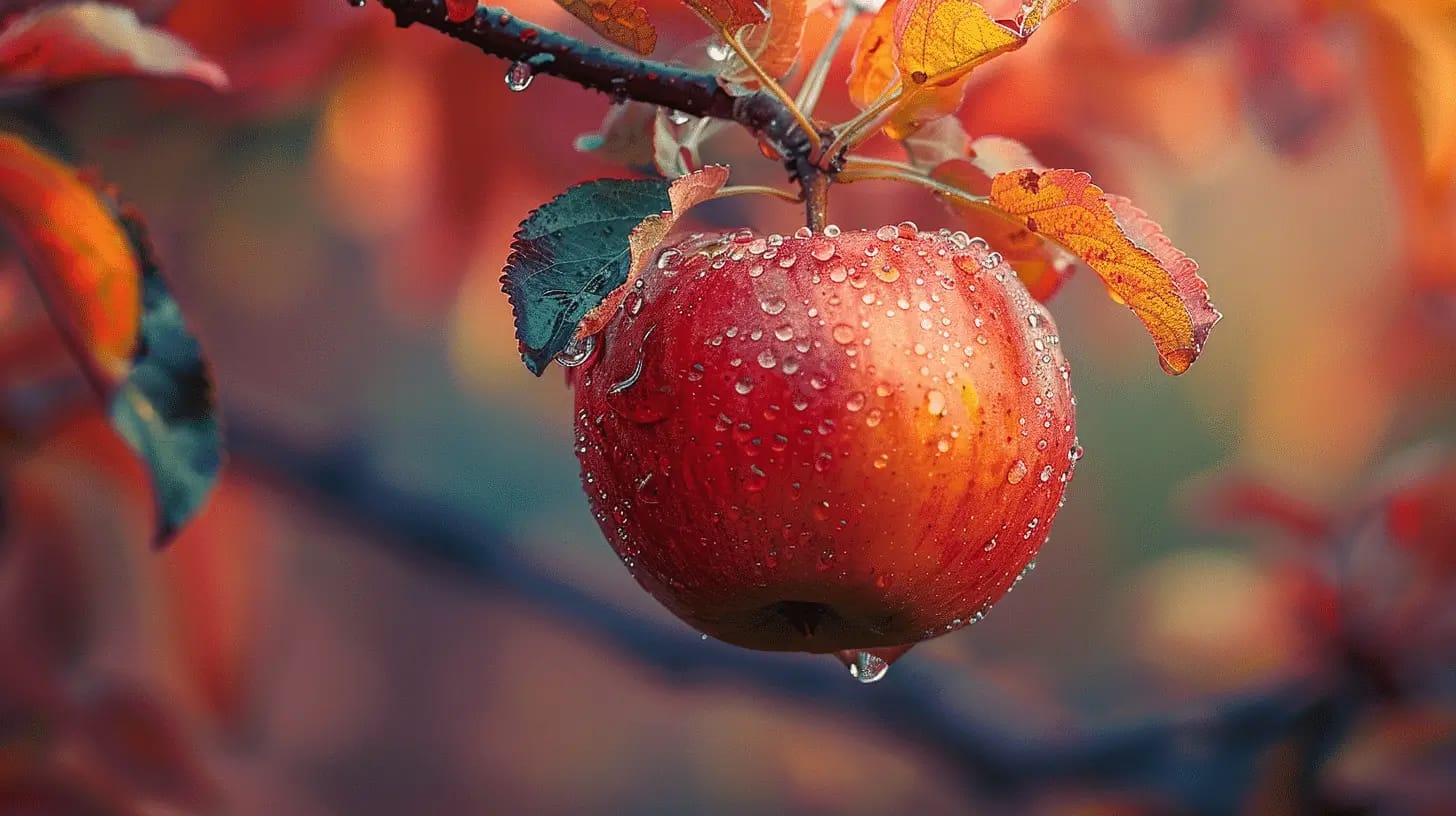 Autumn apple with dewdrops glistening on the surface, capturing the freshness of the season's harvest