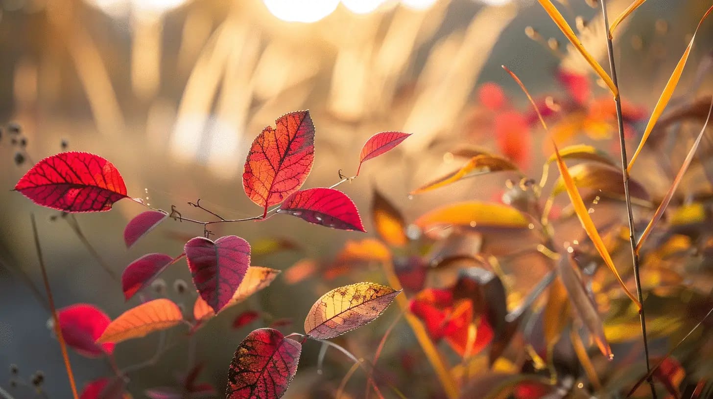 Autumn foliage by a river featuring birch trees and cattails during golden hour with warm sunlight