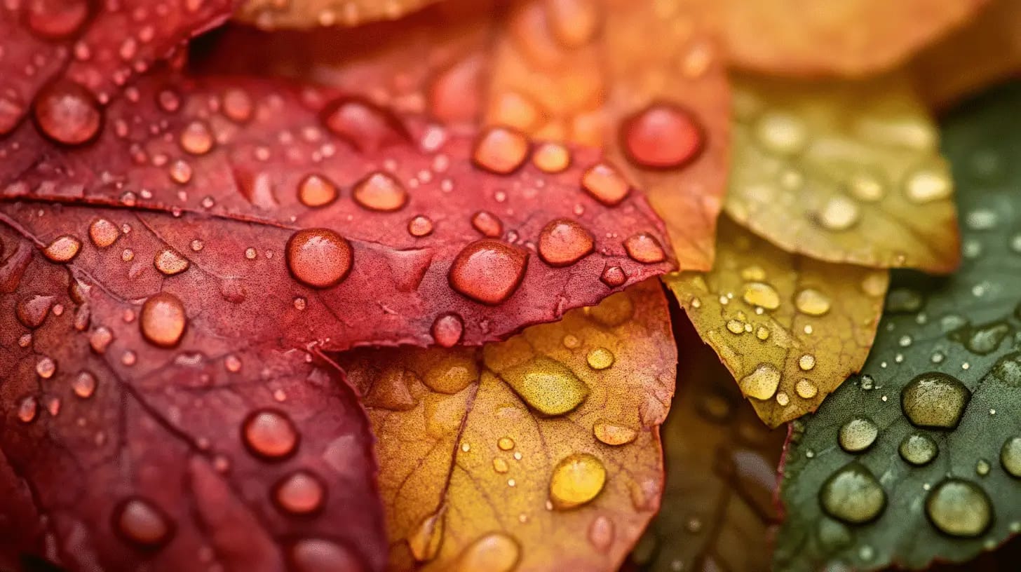 Close-up of autumn leaves with glistening dew drops