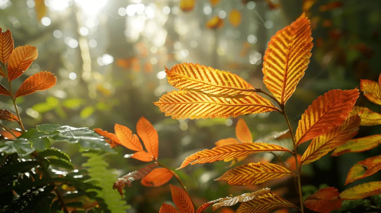 Sunlit autumn leaves in orange and yellow with a foggy background
