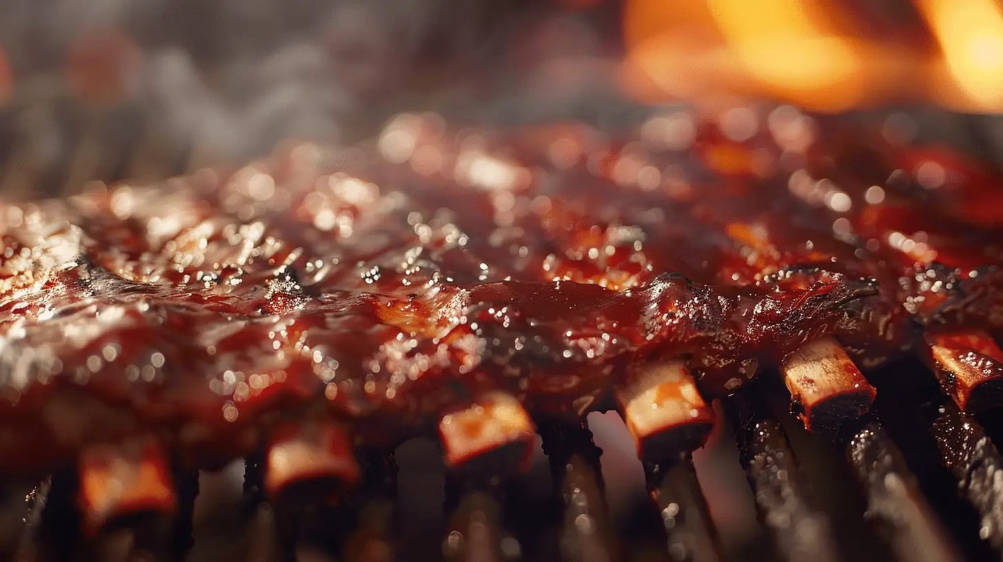 Sizzling BBQ ribs on a grill, glazed with a rich and juicy sauce