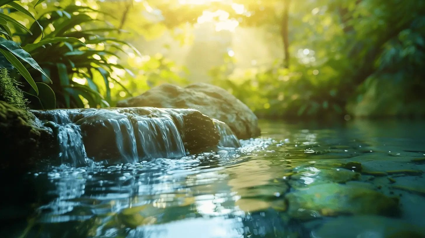 Calm water flowing over smooth rocks, surrounded by lush green foliage