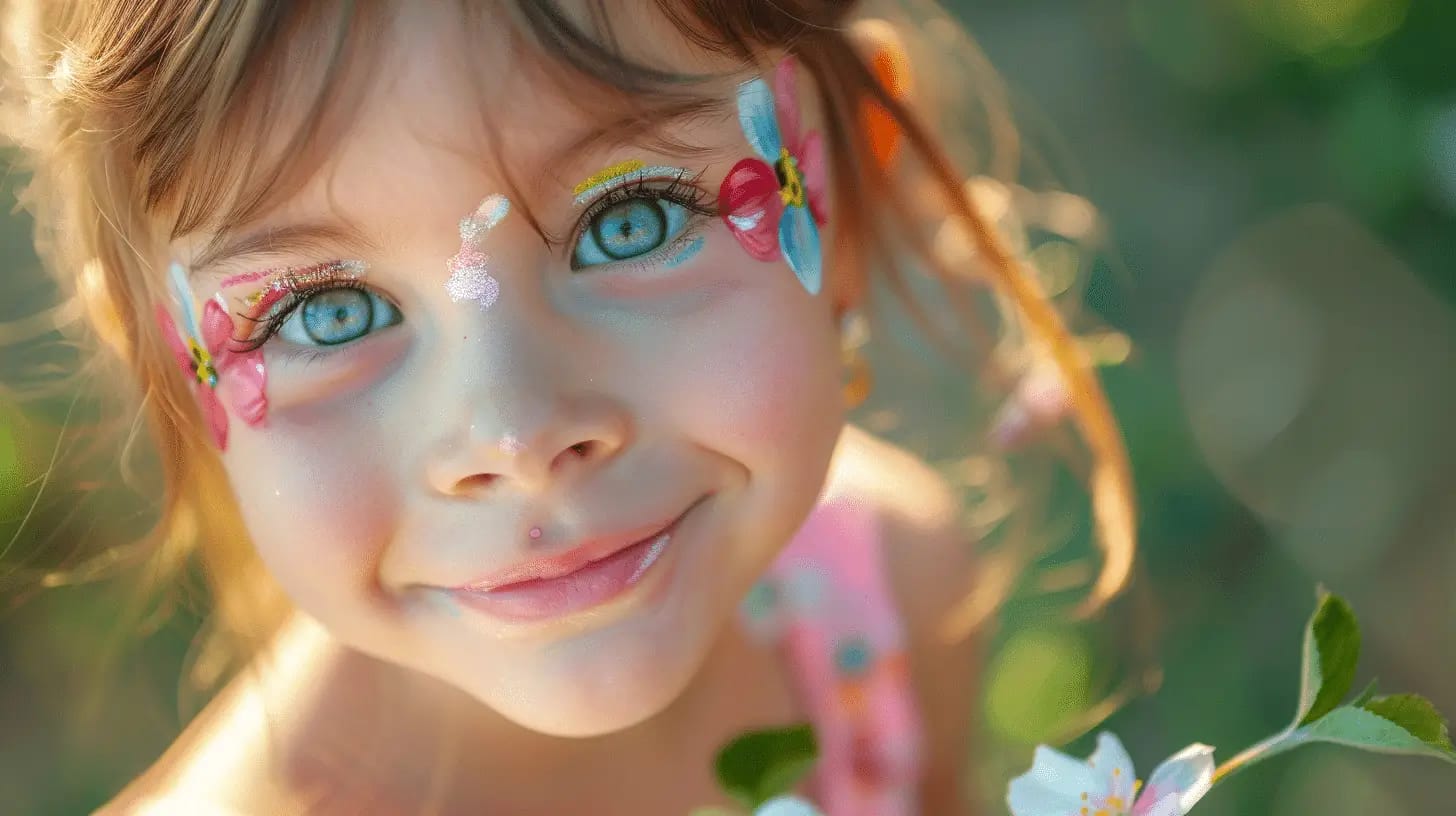 Cheerful child with apple blossom face painting