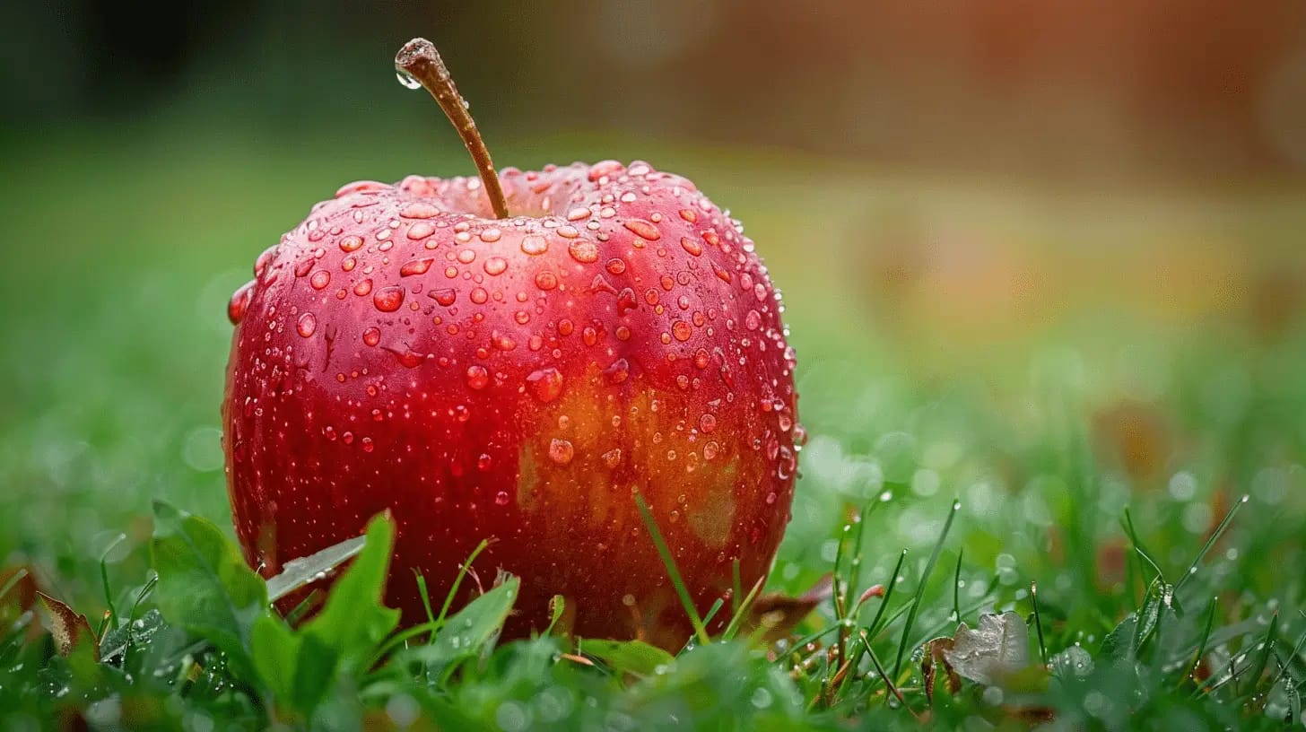 A close-up of a ripe red apple with dew drops on its surface.