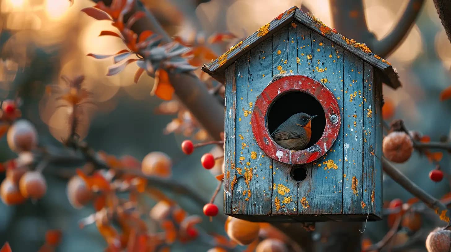 Colorful natural birdhouse set in a garden