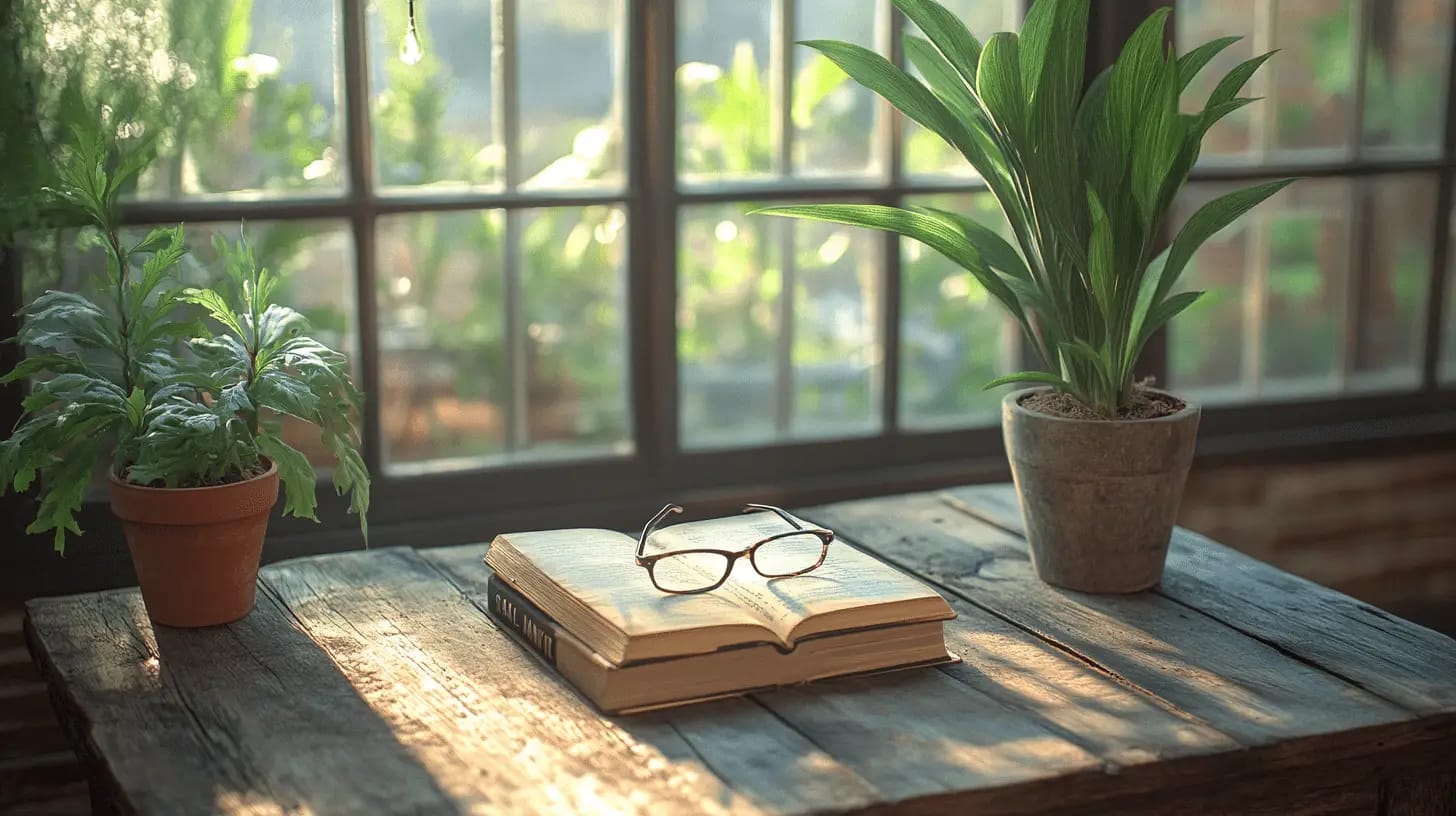 cozy reading nook with a book and a pair of glasses