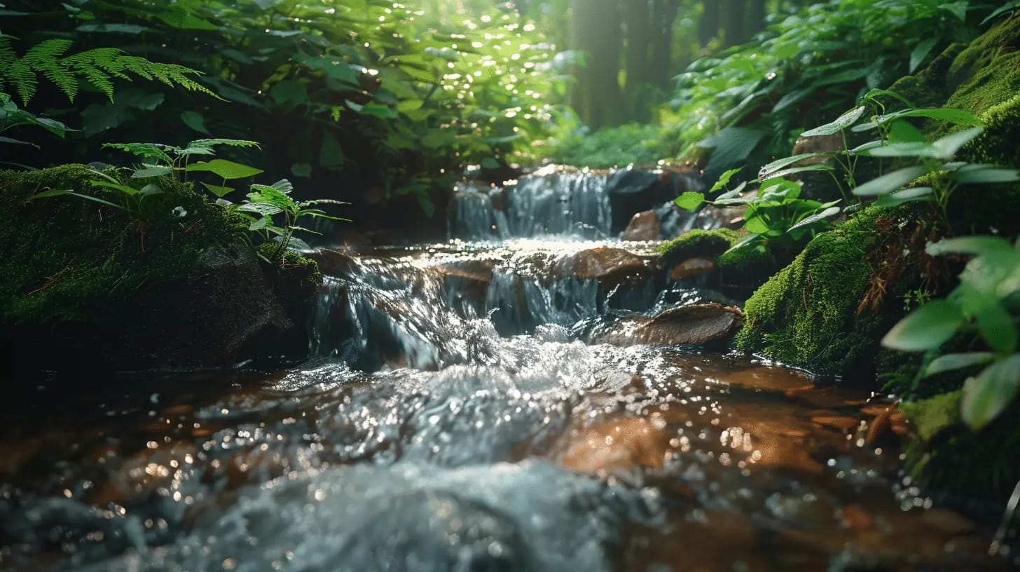 Crystal-clear stream flowing over smooth rocks, surrounded by lush greenery