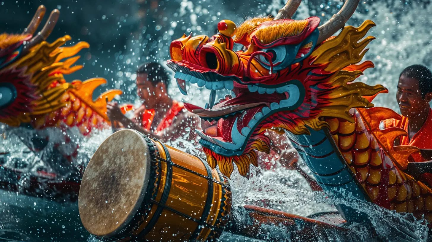 Dragon boat race with vibrant, ornately decorated boats, teams paddling in unison, and energetic water splashes