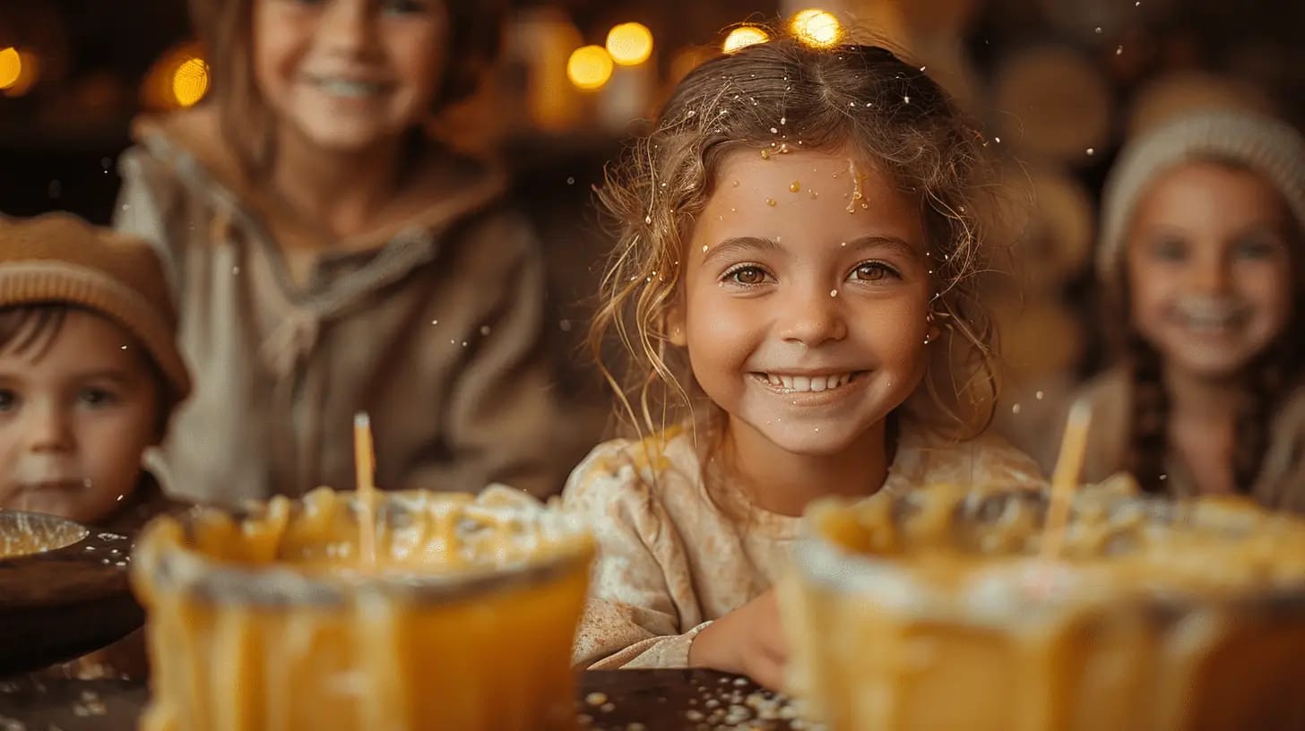 Families participating in a candle-making workshop with smiling faces