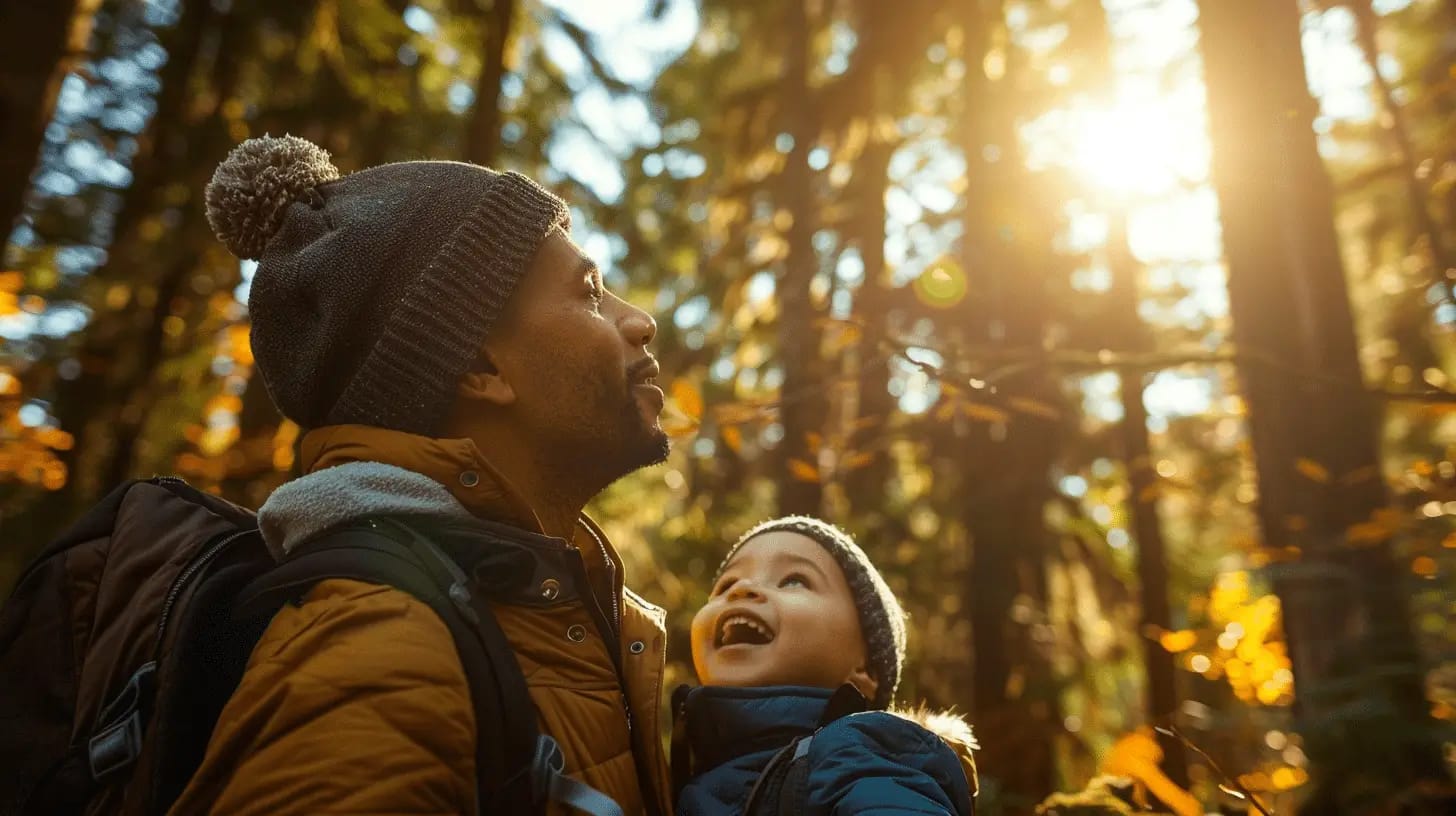 A father and child hiking in a forest, enjoying the joy of nature.