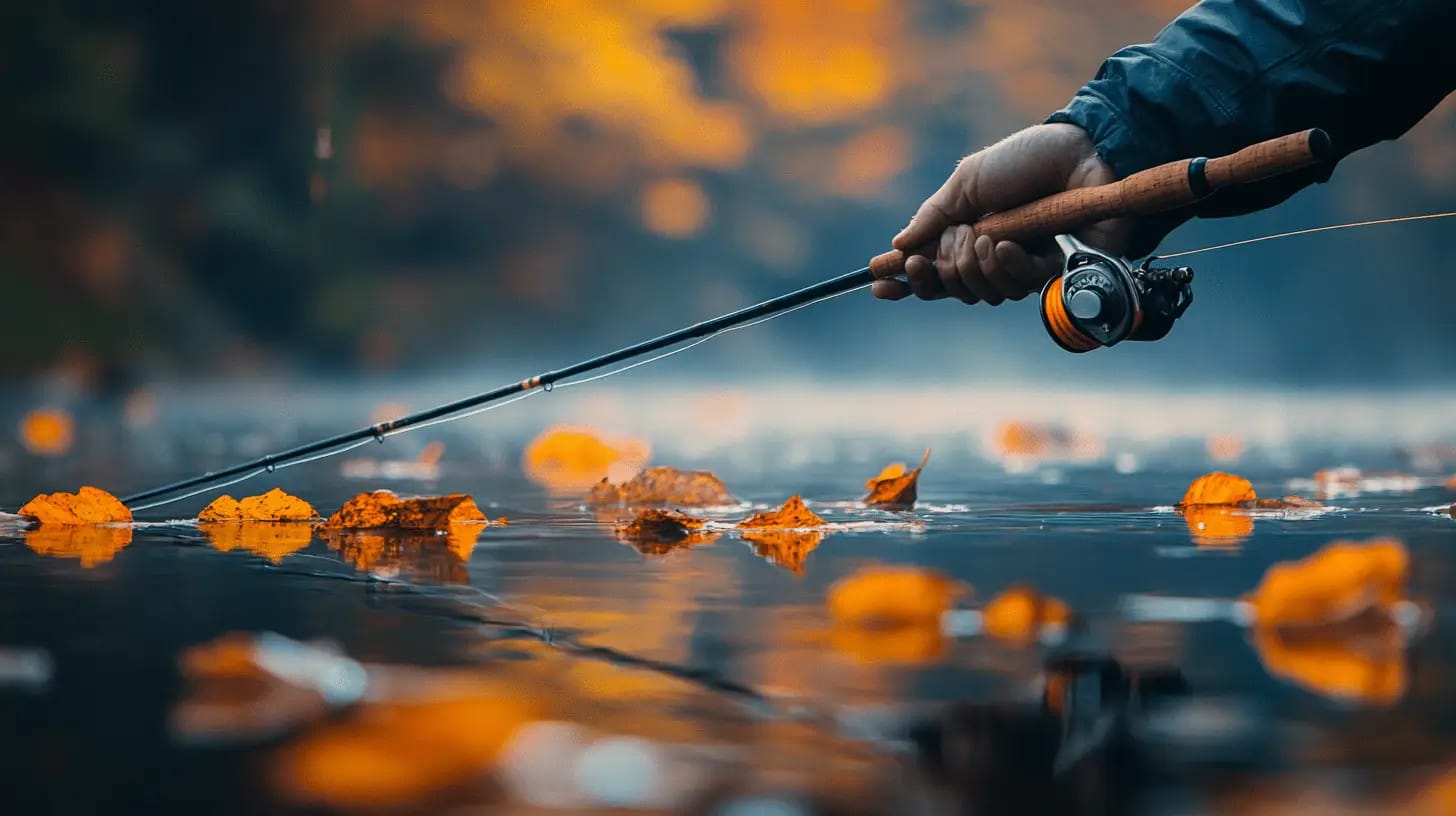 Fisherman holding a fishing rod, surrounded by fallen autumn leaves