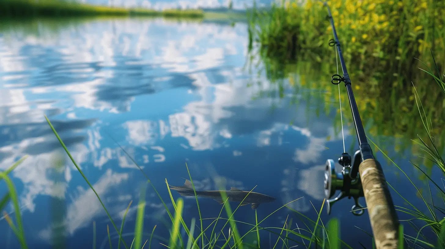 Fishing rod resting on a grassy bank by calm water