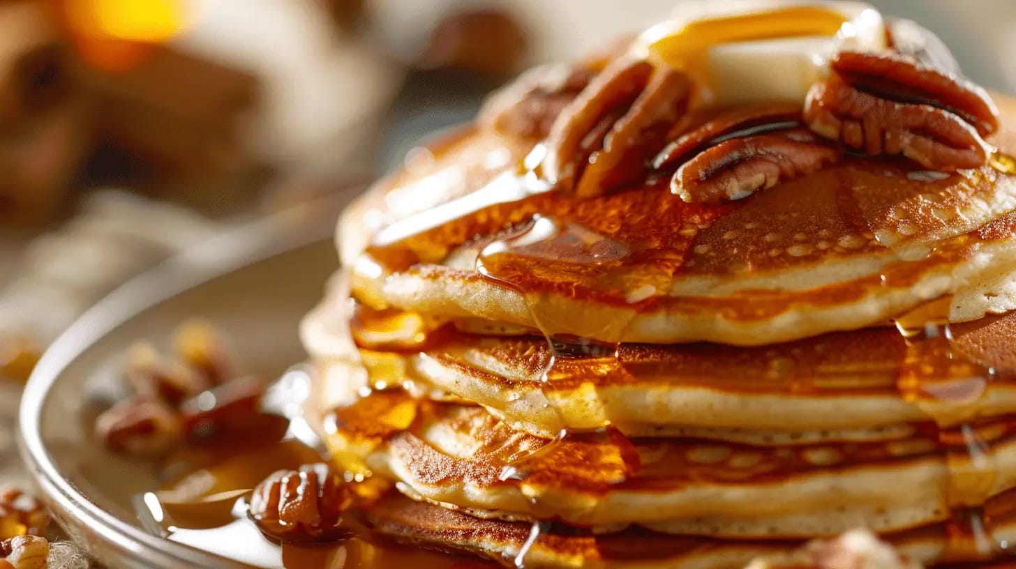 Fluffy maple pecan pancakes topped with butter and drizzled with syrup