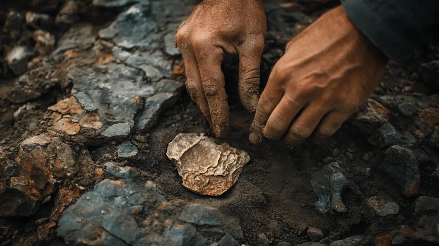 Hands carefully uncovering a fossil embedded in rock