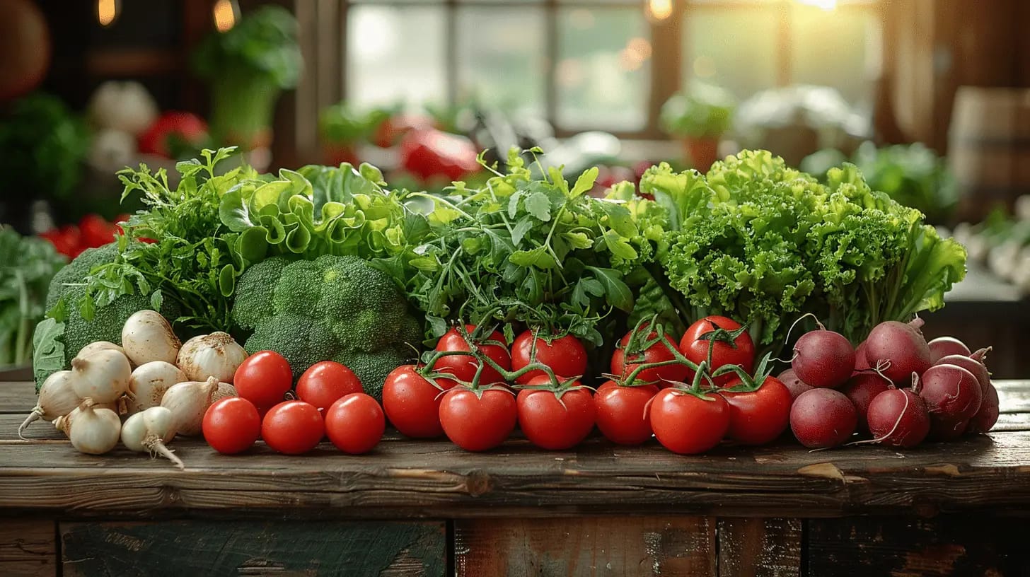 Close-up of fresh, colorful vegetables, showcasing the vibrant produce from a farm-to-table