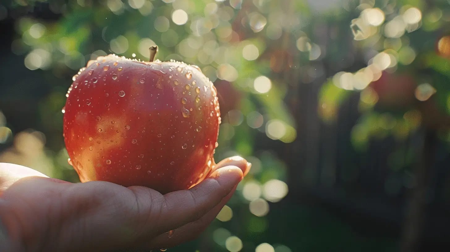 Fresh, juicy apple held in hand, glistening with dewdrops in warm sunlight