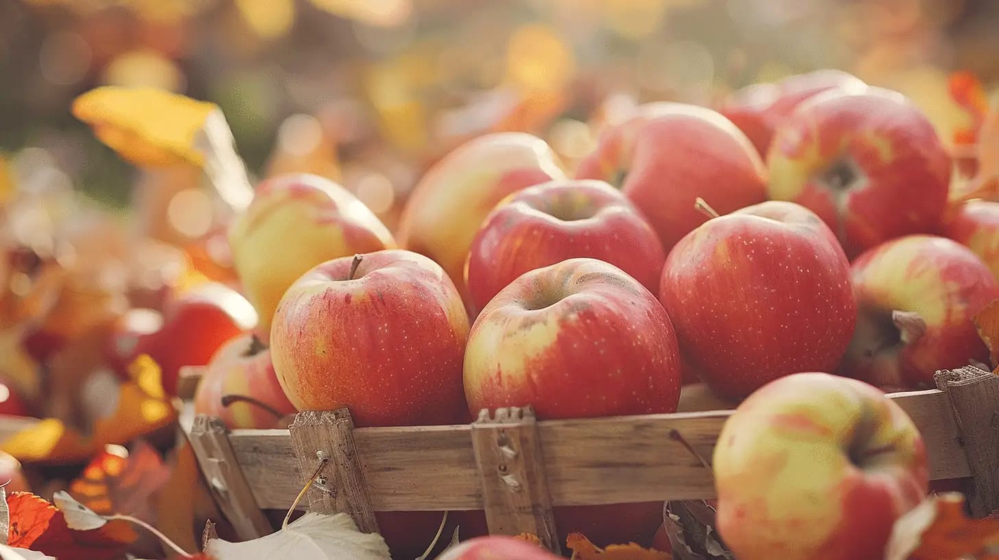 Freshly picked apples in a basket, showcasing vibrant autumn colors and the bounty of the harvest season