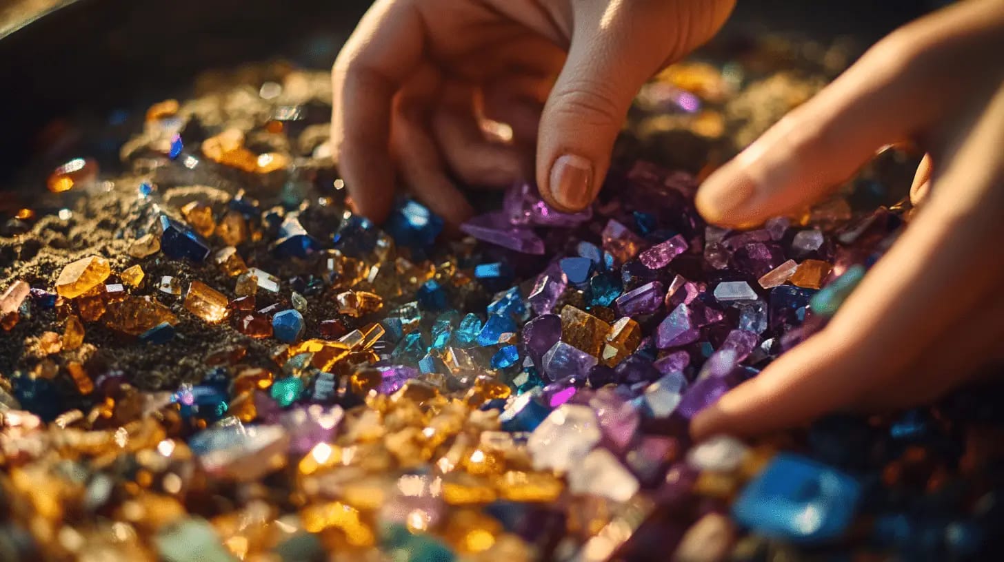 Hands sifting through colorful gemstones during a gem hunting adventure