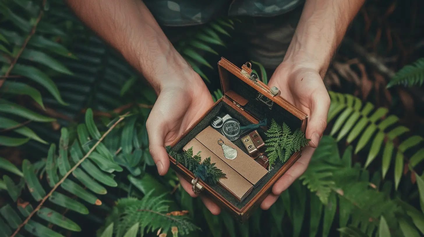 Hands holding a geocache box surrounded by lush greenery