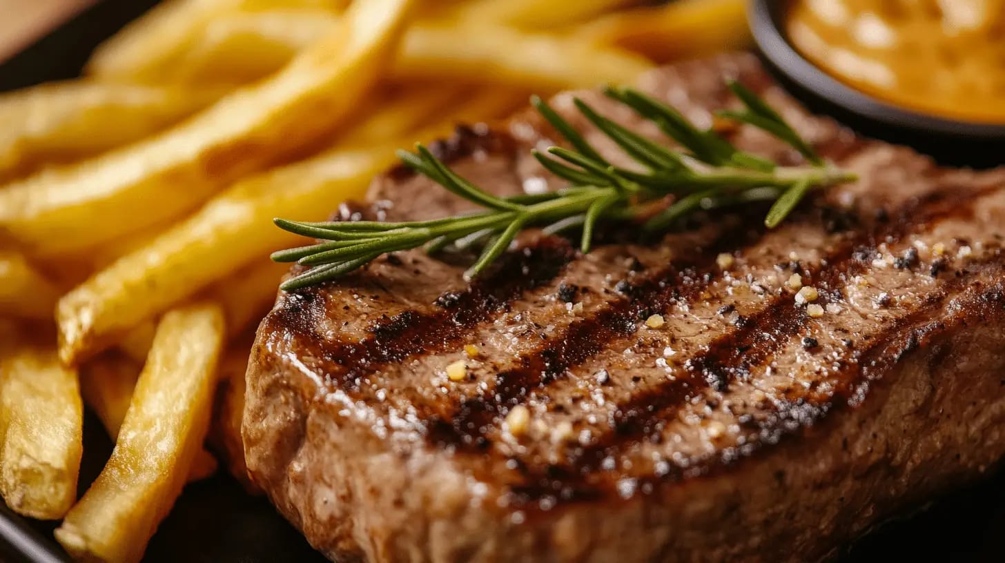 Grilled steak garnished with rosemary, served with crispy fries and dipping sauce