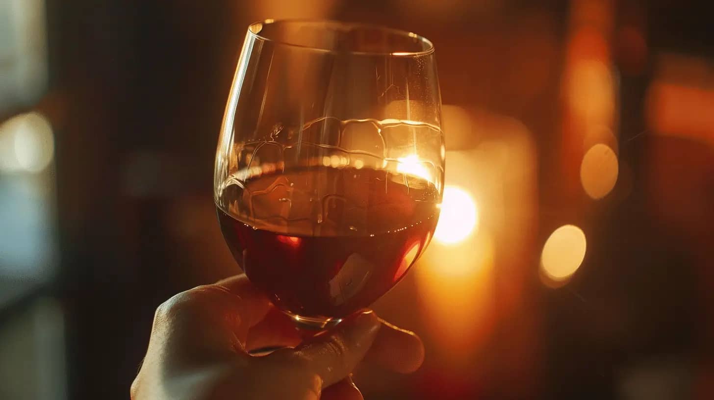 Hand holding a glass of red wine in the evening, with soft lighting