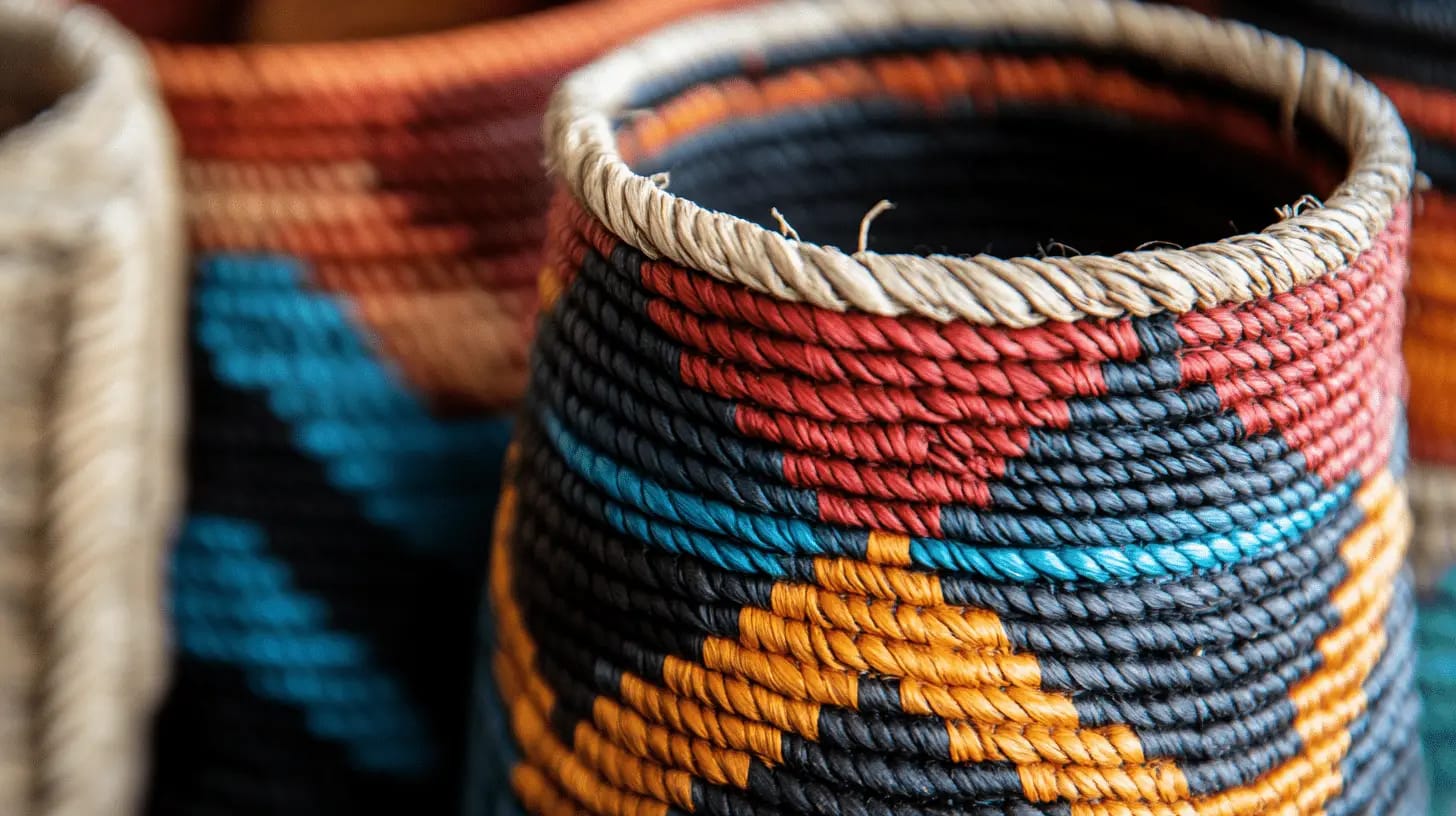 Closeup of handmade baskets and textiles showcasing detailed craftsmanship and woven patterns