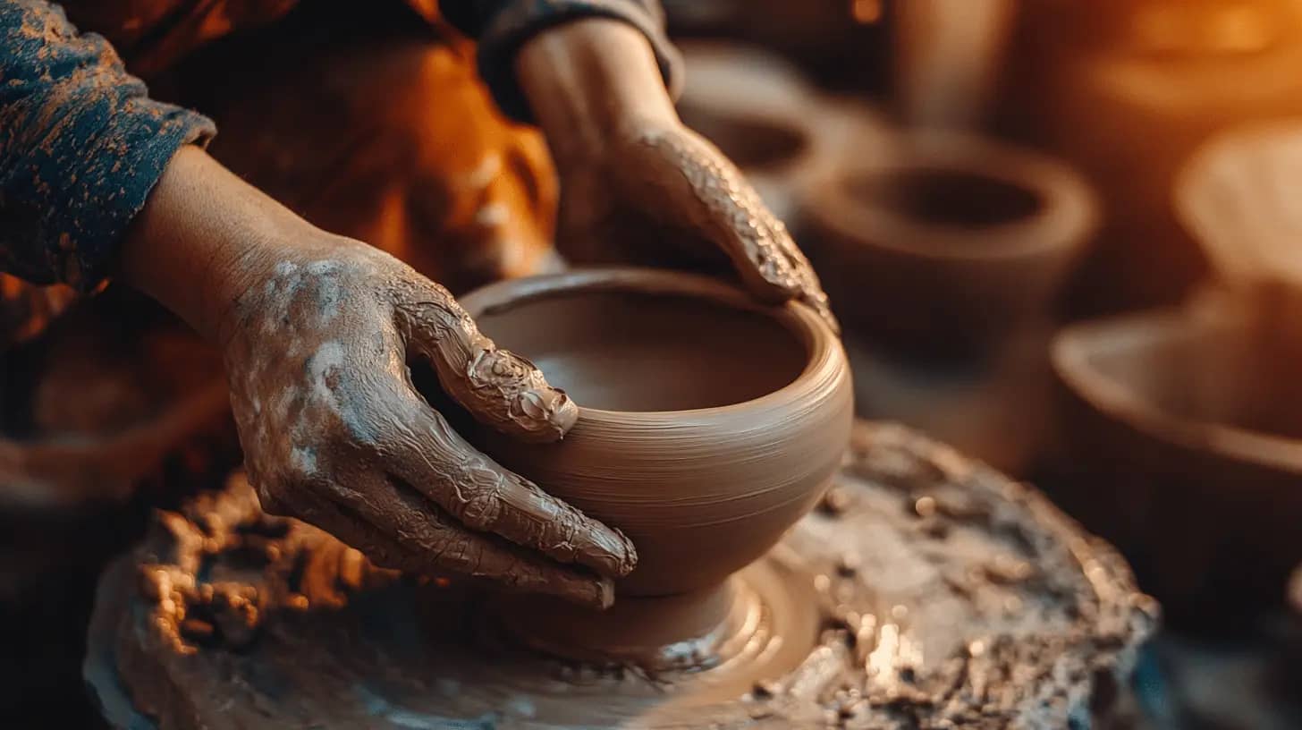Close-up of hands shaping clay on a pottery wheel