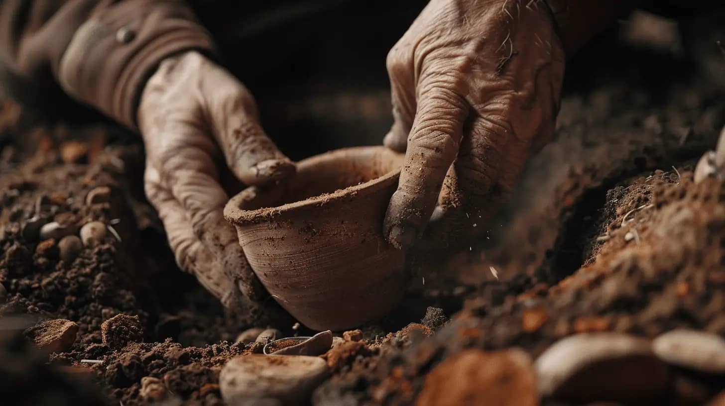 Hands carefully uncovering pottery shards in the soil