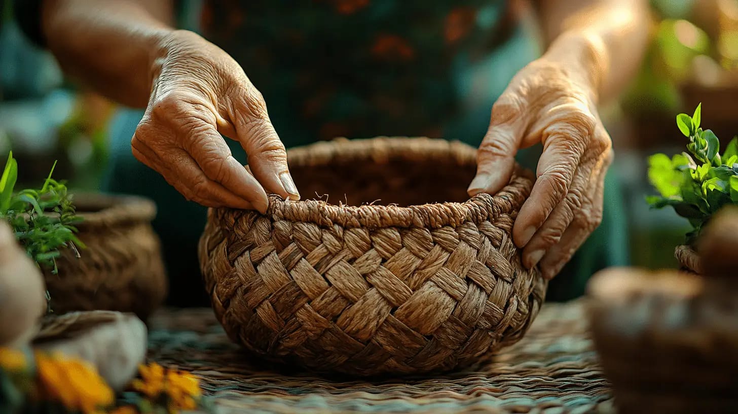 Hands weaving a basket with intricate details, highlighting craftsmanship and traditional artistry