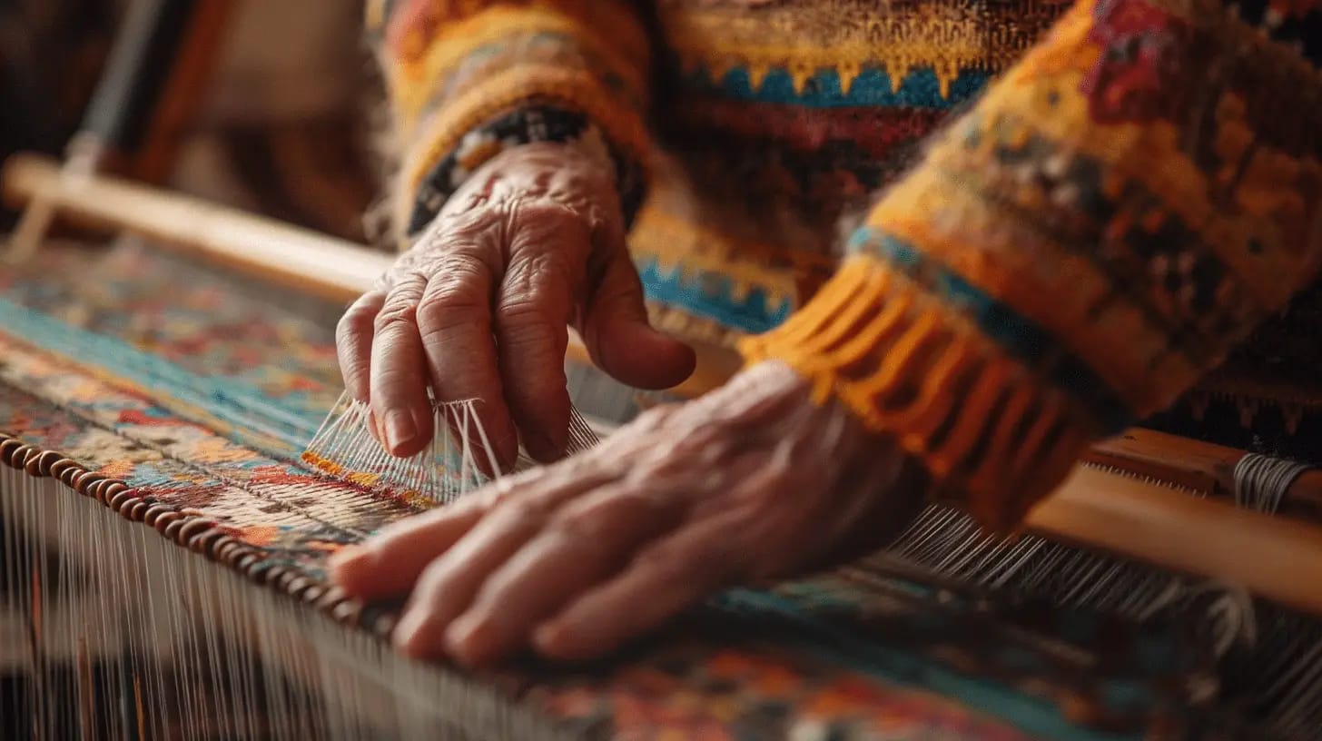 Hands weaving intricate patterns on a loom