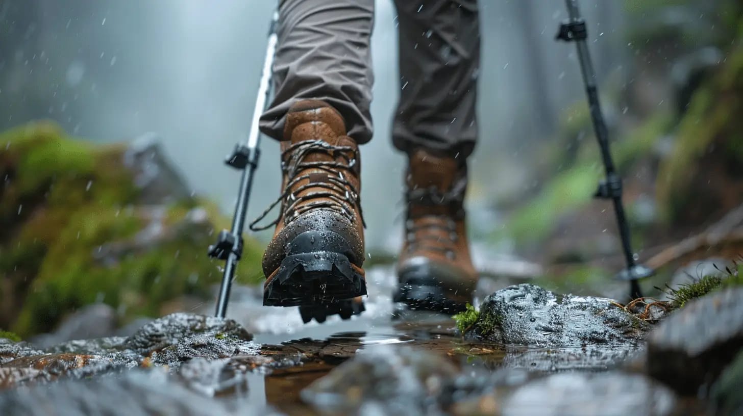 hiker wearing waterproof boots on wet rocks