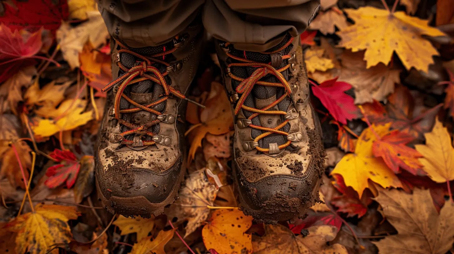 Hikers with muddy boots walking through fallen autumn leaves on a forest trail