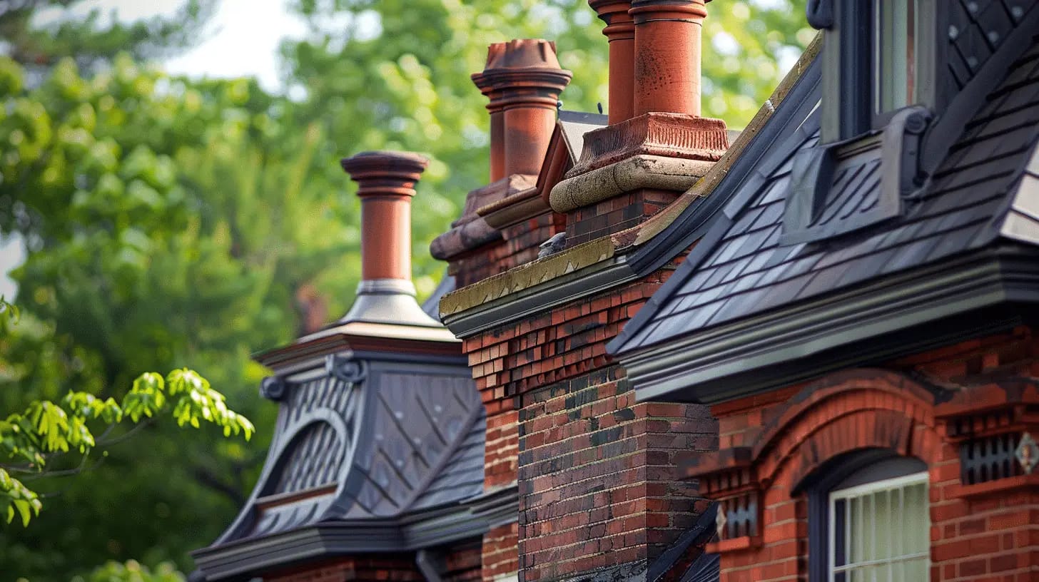 Historic house with detailed brickwork and prominent chimneys