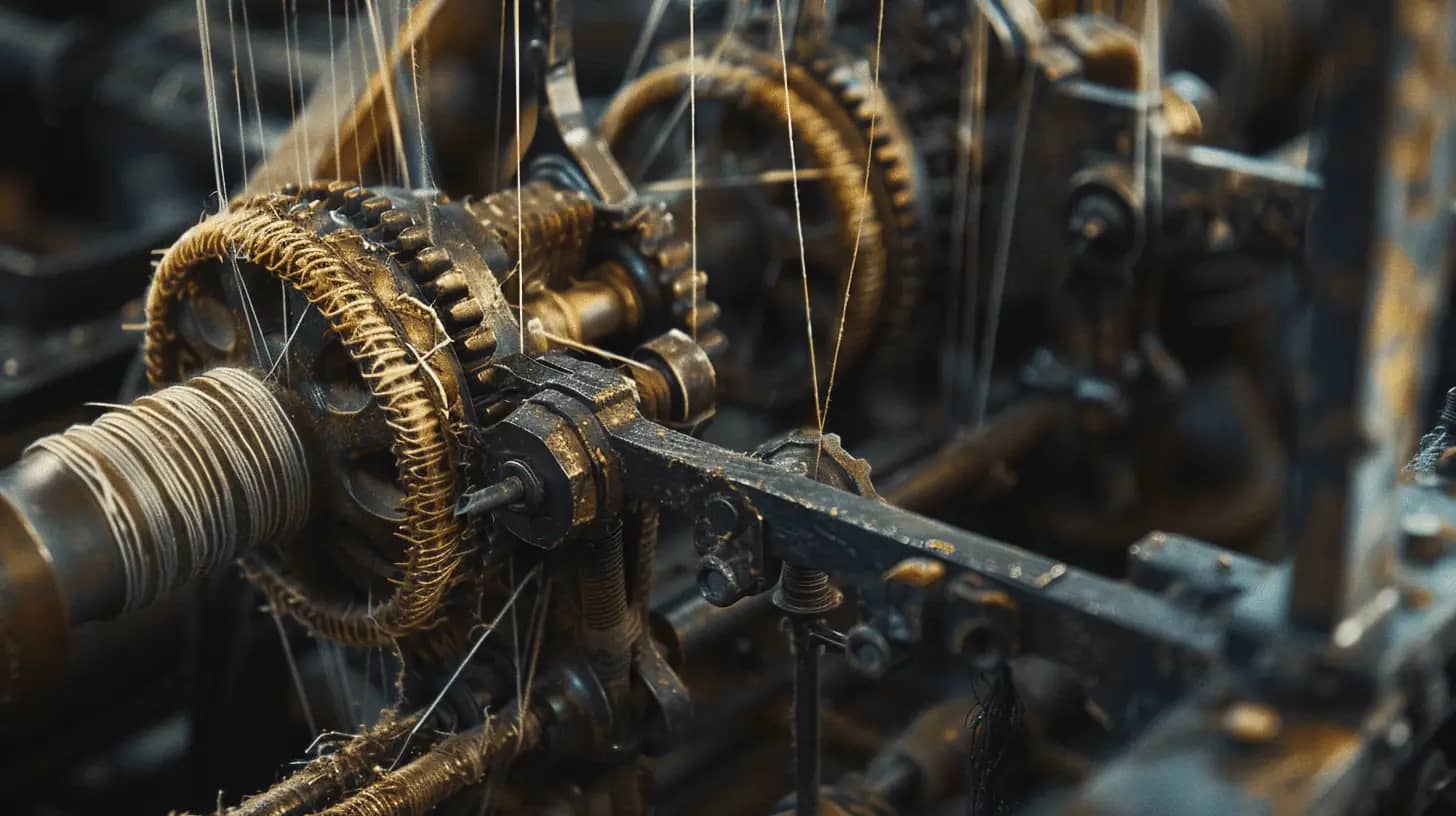 Historical loom machinery with visible threads and gears