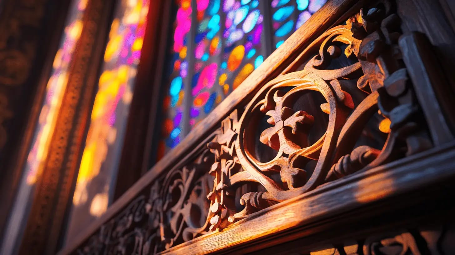 Intricate vintage altar with detailed woodwork and stained glass illuminated by soft light