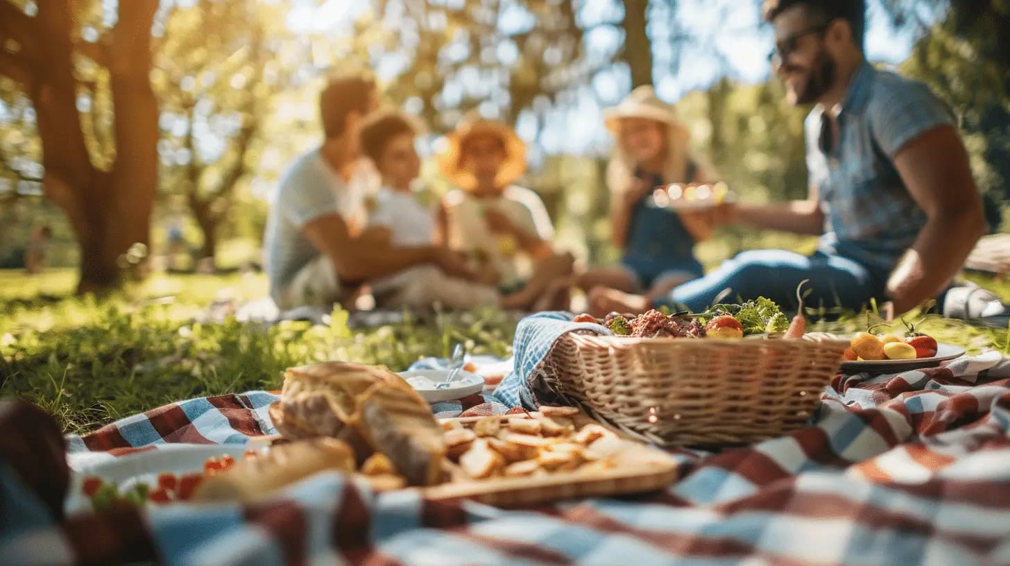 Joyful family enjoying a picnic on a checkered blanket
