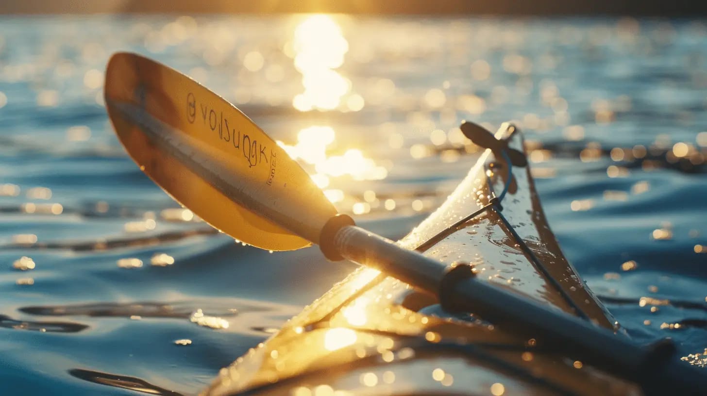 A kayak paddle resting on sunlit, calm waters, evoking a sense of serenity.