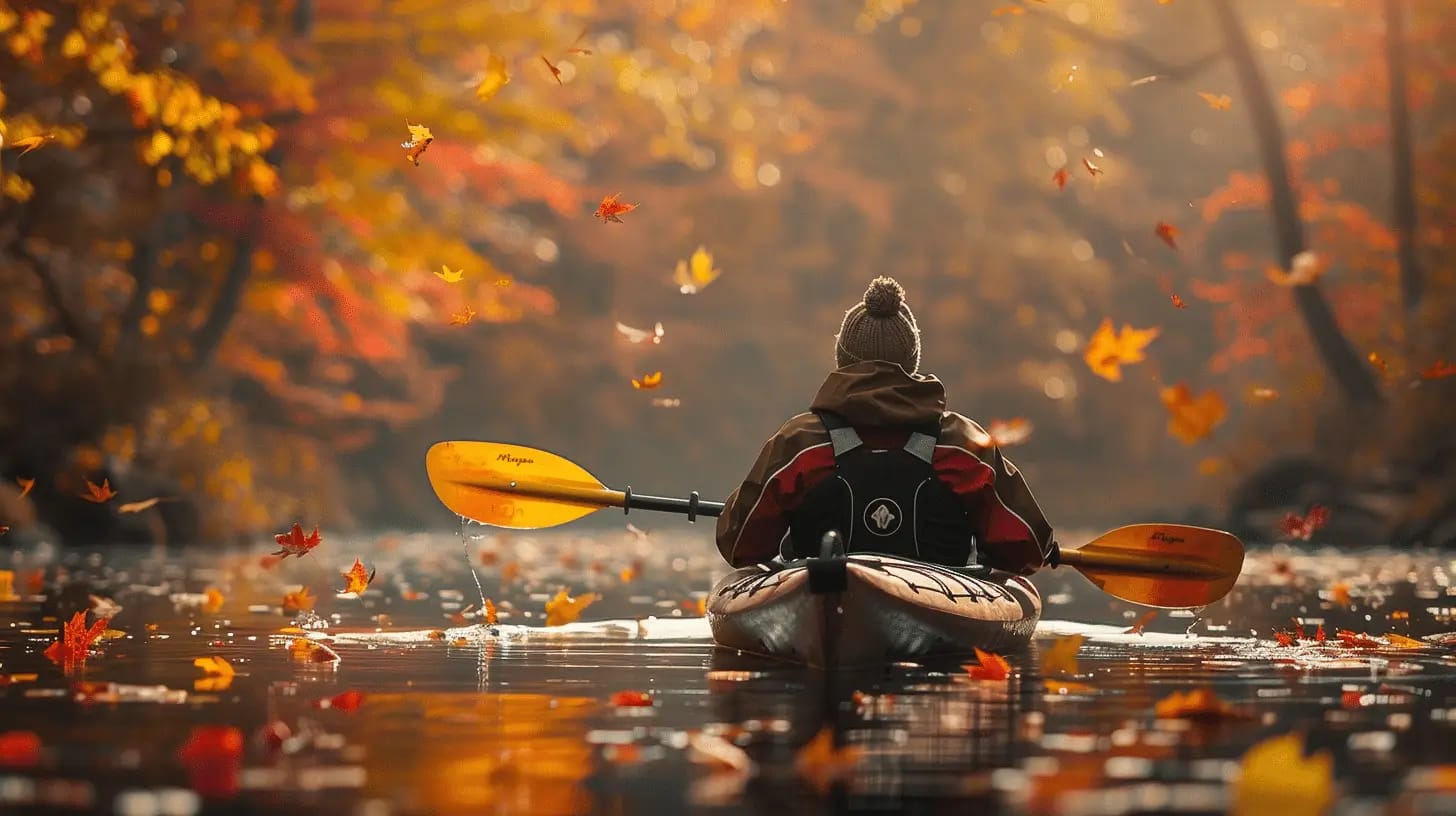 Kayaker paddling on a calm river surrounded by vibrant fall foliage