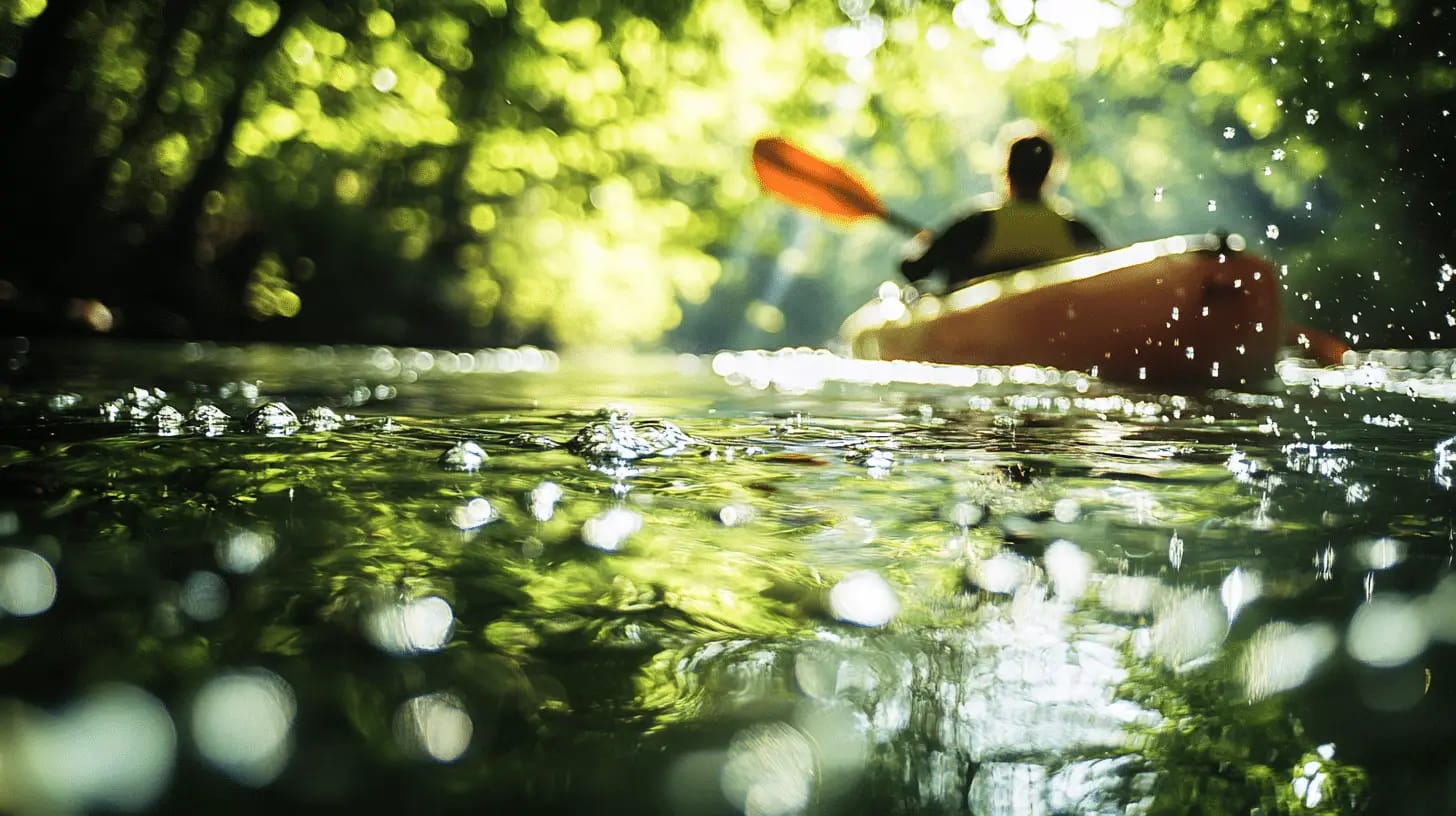 Kayaker gliding through clear waters in summer