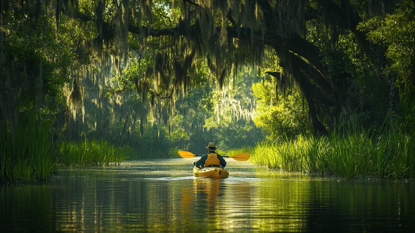 A kayaker paddles through lush wetlands surrounded by oak trees