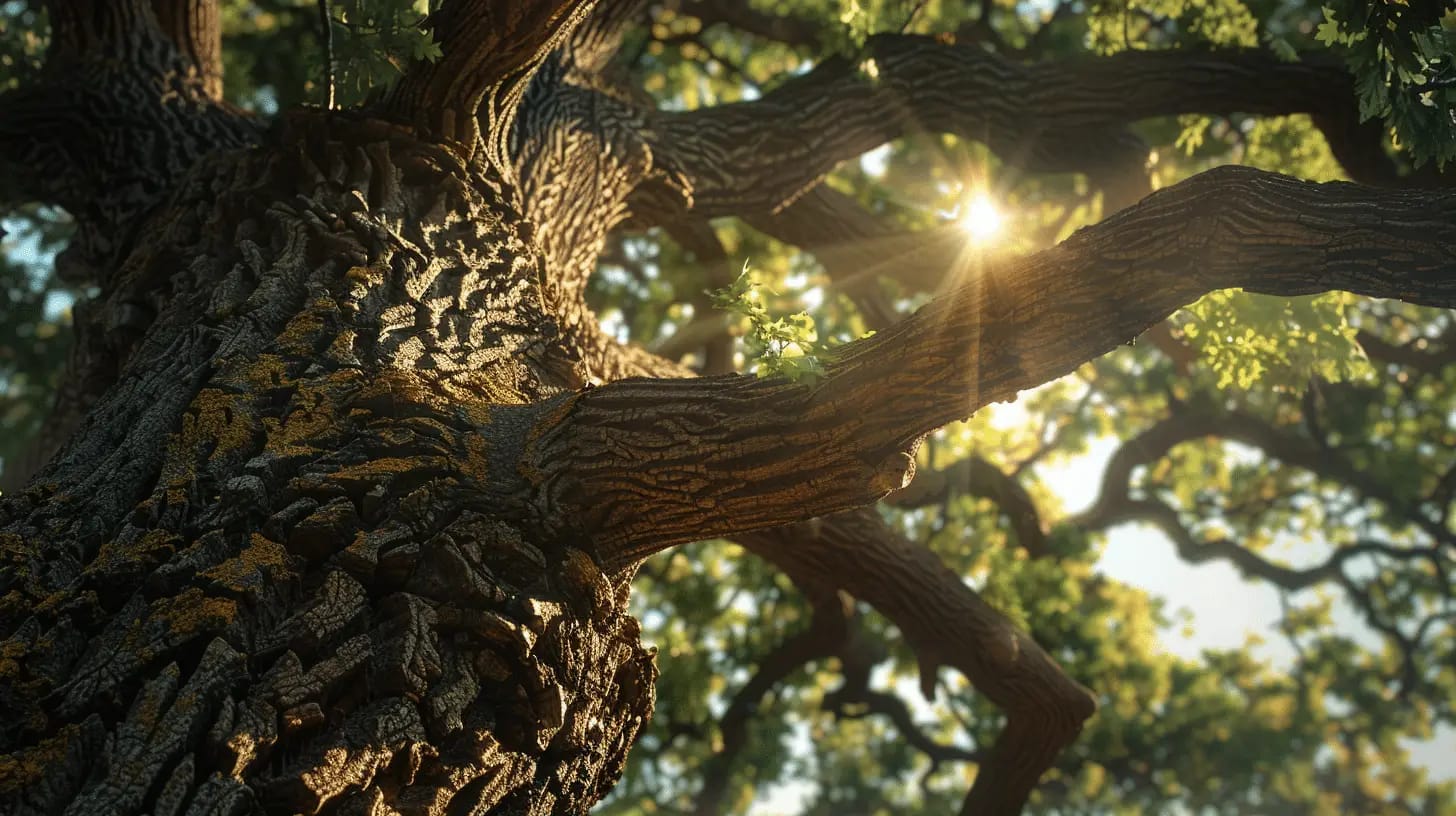 Majestic oak tree bathed in sunlight, with sprawling branches and lush green leaves