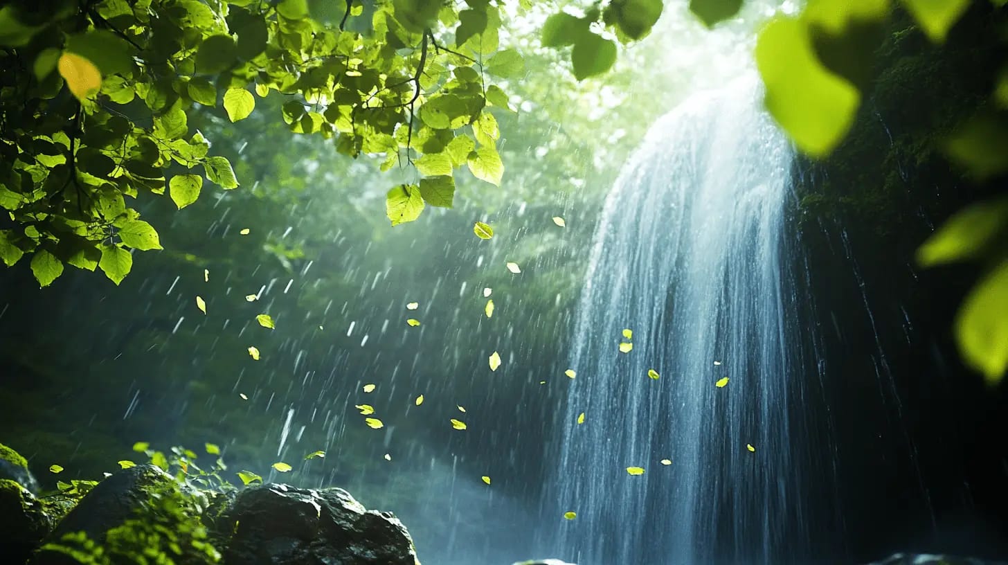 Waterfall surrounded by lush greenery in a natural landscape