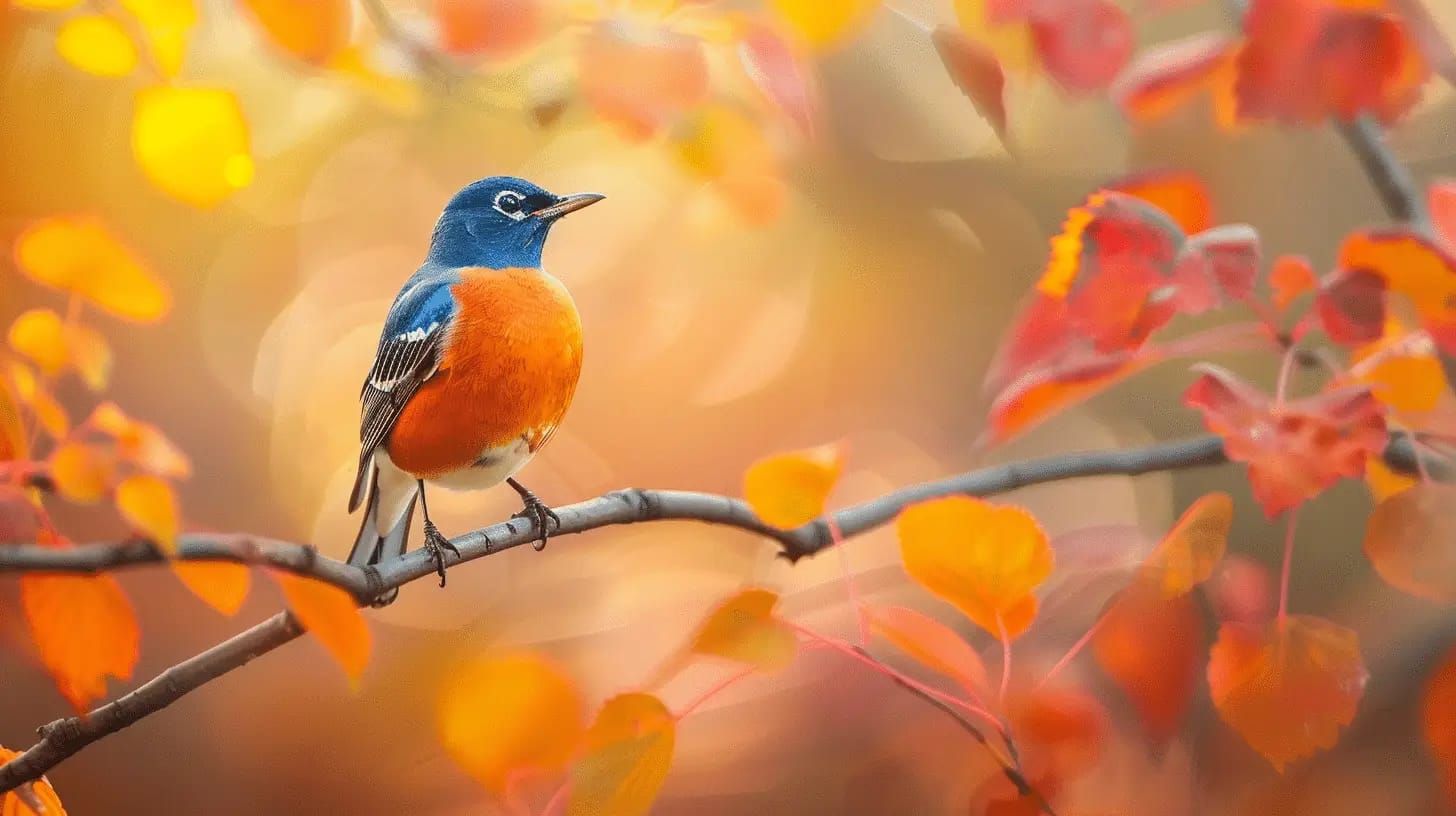 Migratory bird flying amidst vibrant autumn foliage